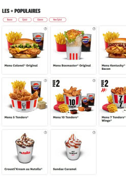 Menu KFC - Les plus populaires