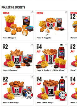 Menu KFC - Poulets et buckets