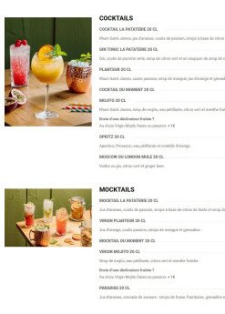 Menu La Pataterie - Cocktails