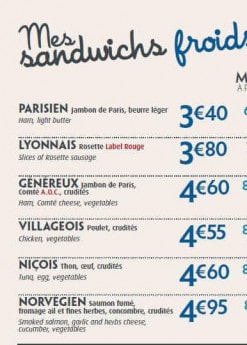 Menu Pomme de Pain - les sandwichs froids