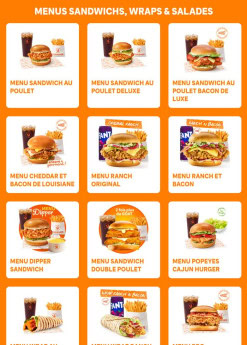 Menu Popeyes - Menus sandwichs, wraps et salades