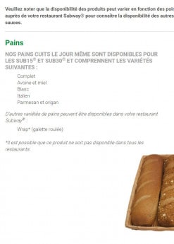 Menu Subway - Les pains au choix