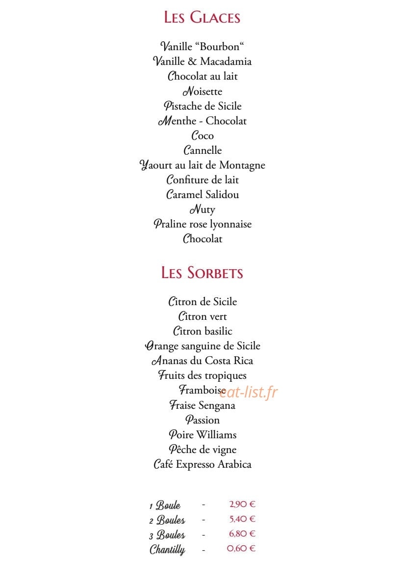 Carte et menu de Brasserie du Théâtre à Bourg en Bresse — Les glaces et sorbets