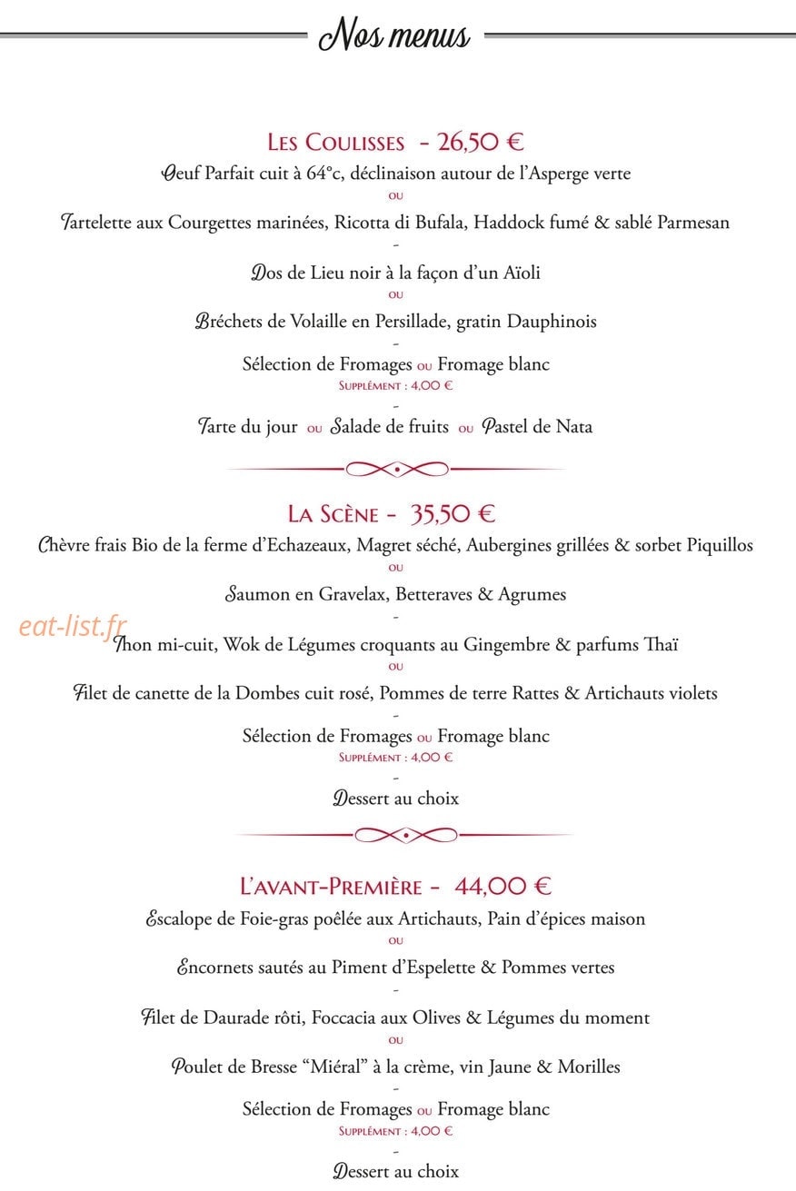 Carte et menu de Brasserie du Théâtre à Bourg en Bresse — Les menus