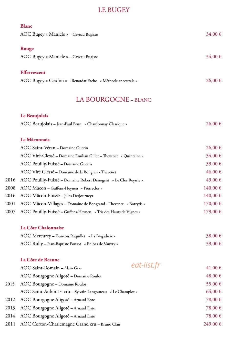 Carte et menu de Brasserie du Théâtre à Bourg en Bresse — La Bourgogne blanc