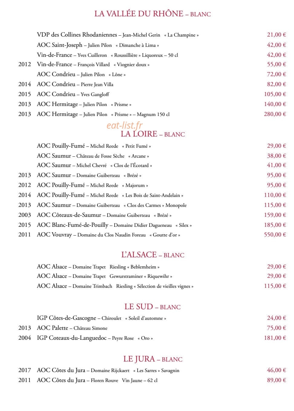 Carte et menu de Brasserie du Théâtre à Bourg en Bresse — La vallée du rhone, La loir et Alsace blanc