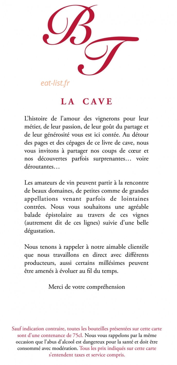 Carte et menu de Brasserie du Théâtre à Bourg en Bresse — La cave