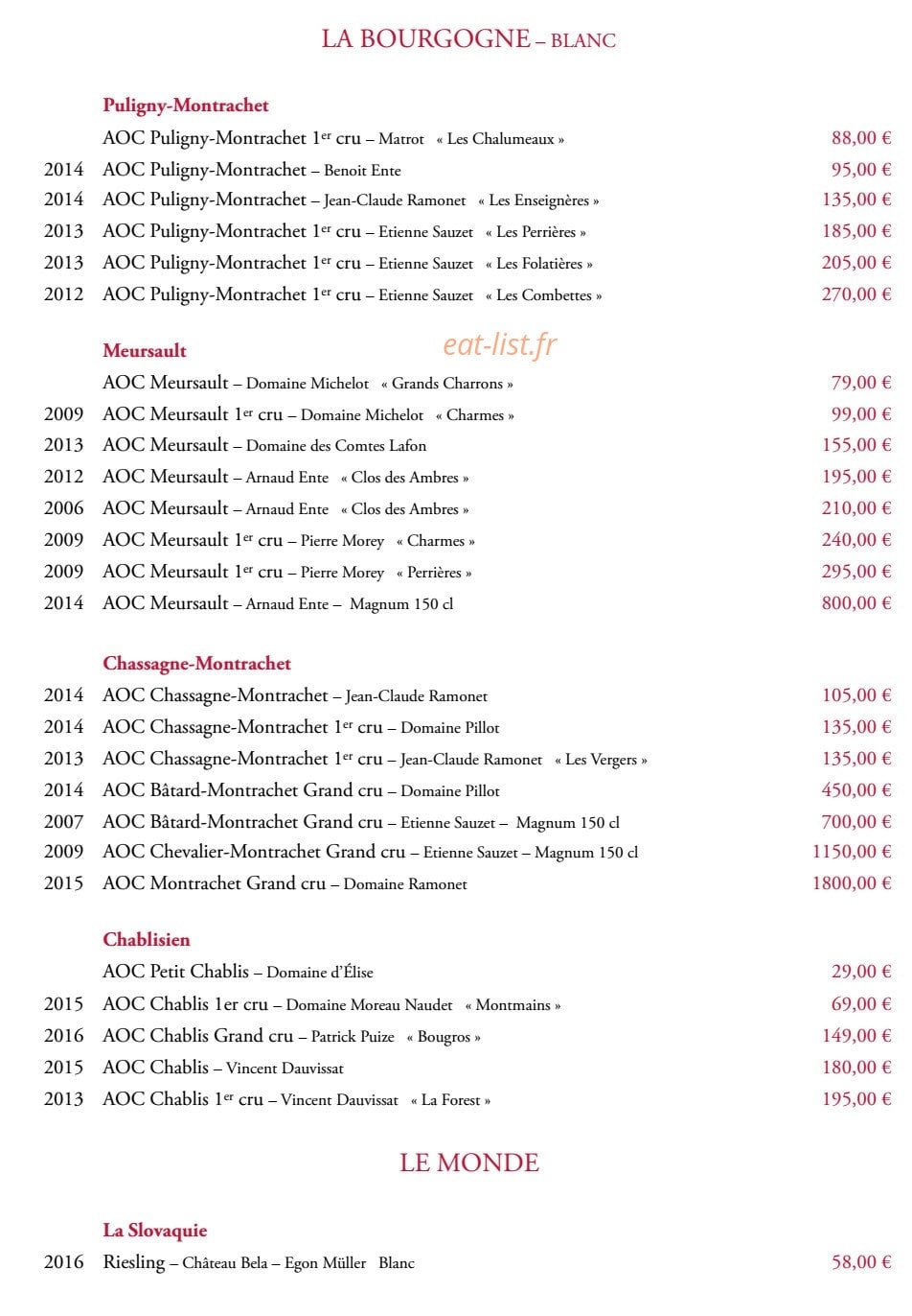 Carte et menu de Brasserie du Théâtre à Bourg en Bresse — La Bourgogne blanc suite