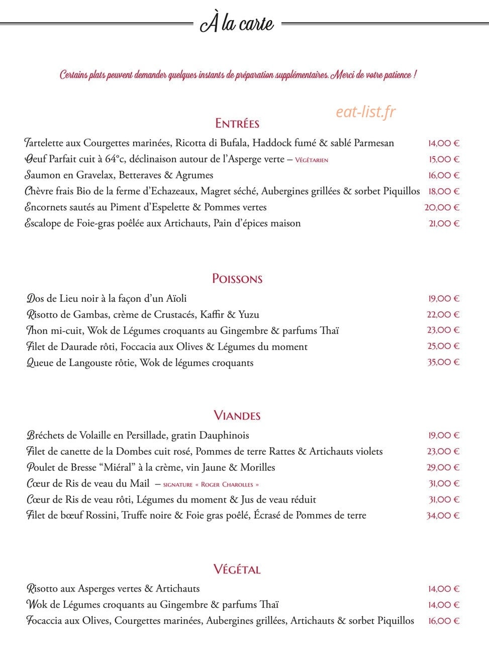 Carte et menu de Brasserie du Théâtre à Bourg en Bresse — A la carte
