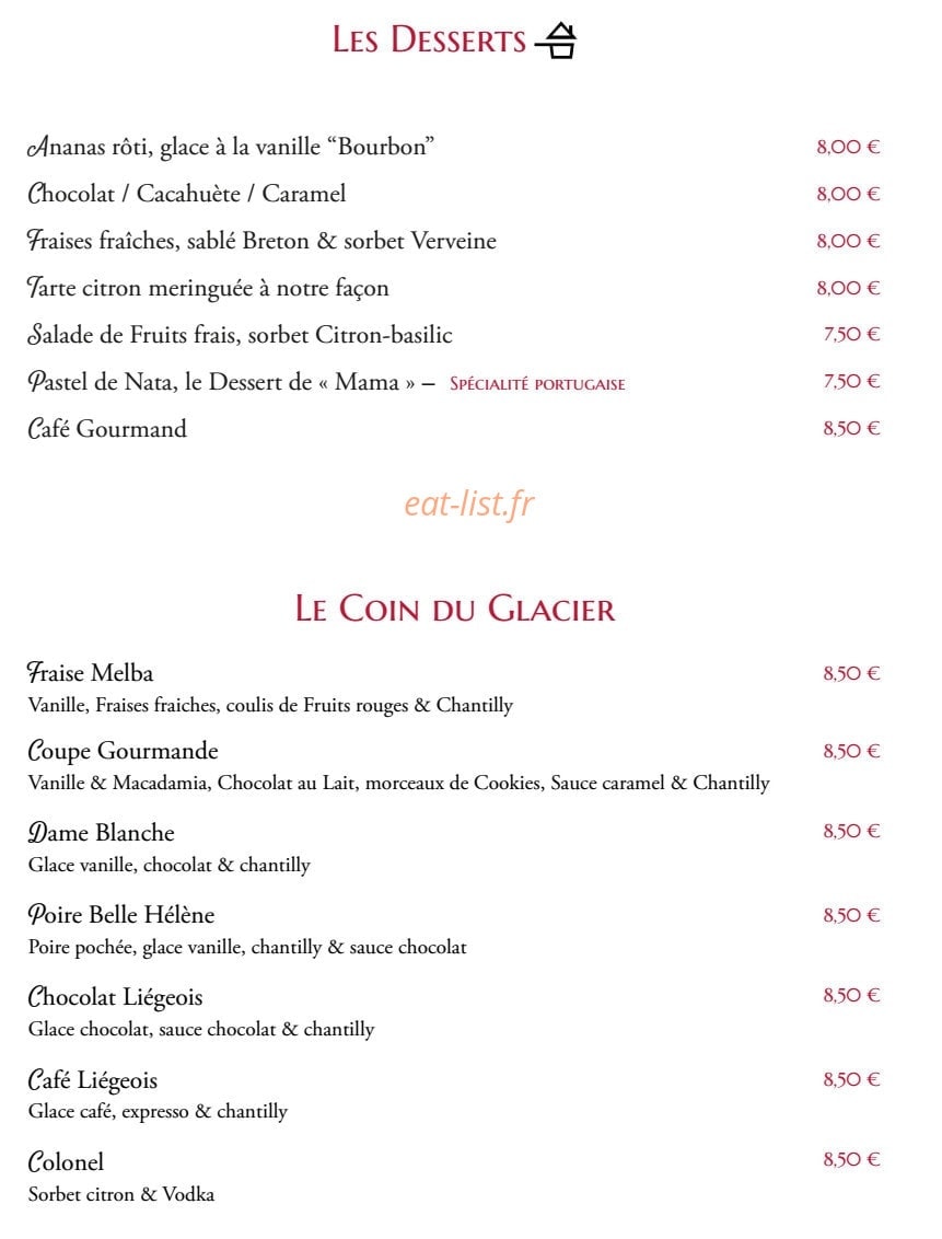 Carte et menu de Brasserie du Théâtre à Bourg en Bresse — les desserts et coin du glaces