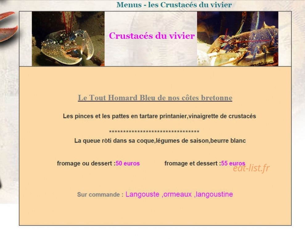 Carte et menu de La Rôtisserie de la Mer à Bourg en Bresse — Le menu crustacés du vivier