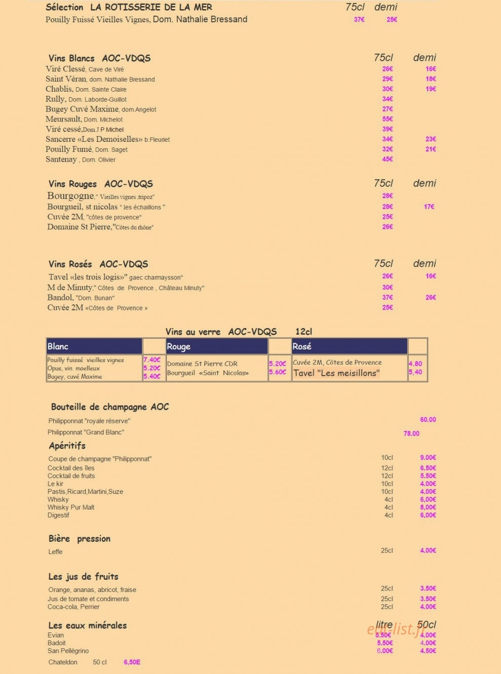 Carte et menu de La Rôtisserie de la Mer à Bourg en Bresse — Les vins