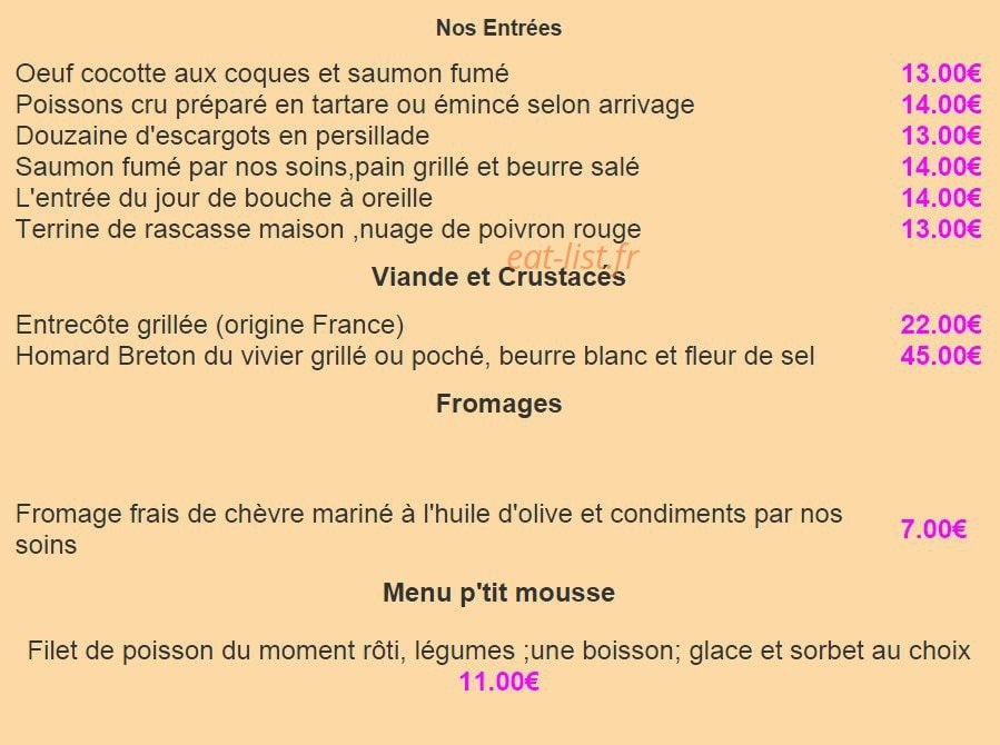 Carte et menu de La Rôtisserie de la Mer à Bourg en Bresse — Les entrées, les Viandes, les crustacés...
