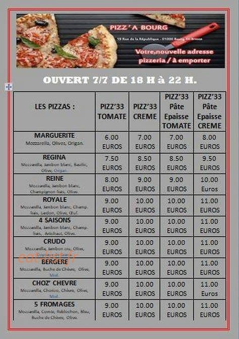 Pizz'a Bourg — carte page 1