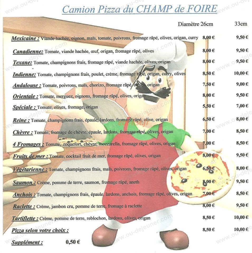 Carte et menu de Pizza et Rotisserie du champ de foire à Bourg en Bresse — Les pizzas