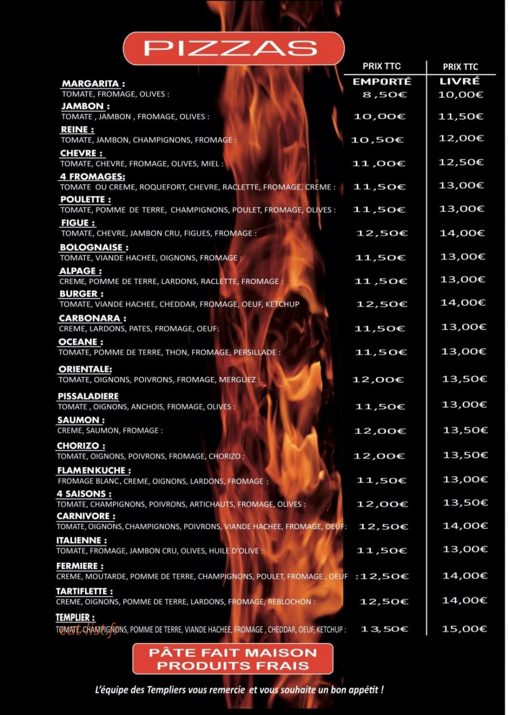 Pizza des Templiers — carte page 1