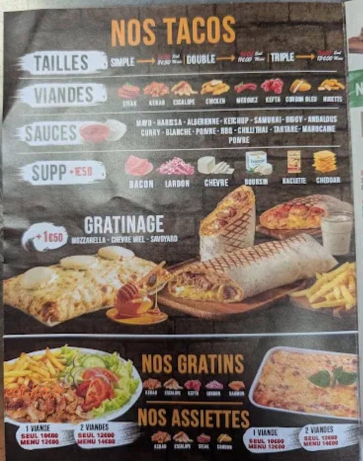 Carte et menu de L'etoile à Oyonnax — Tacos