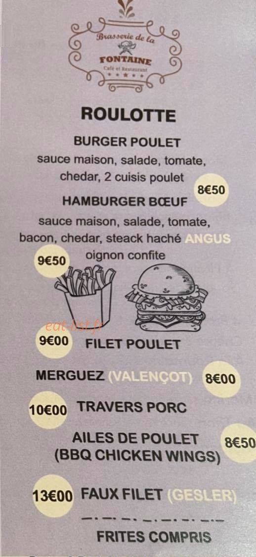 Carte et menu de Bistrot De La Fontaine à Hauteville Lompnes — Les burgers et viandes