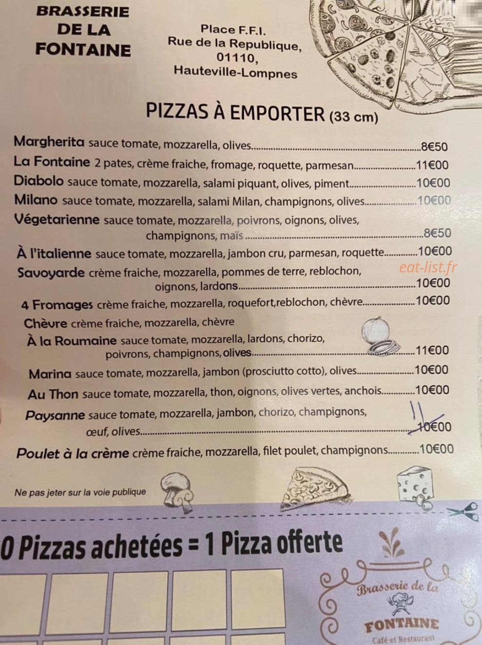 Carte et menu de Bistrot De La Fontaine à Hauteville Lompnes — Les pizzas