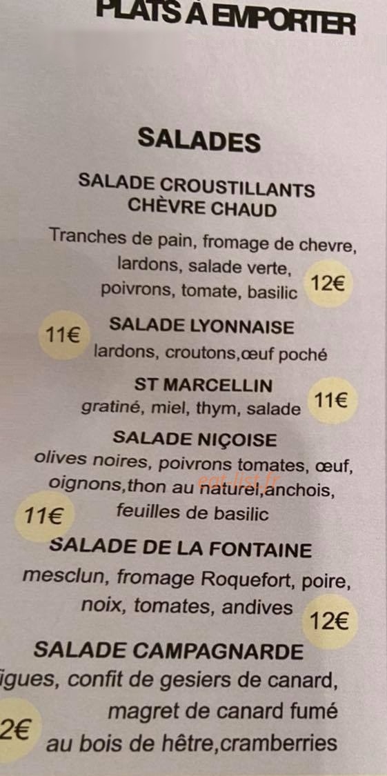 Carte et menu de Bistrot De La Fontaine à Hauteville Lompnes — Les salades