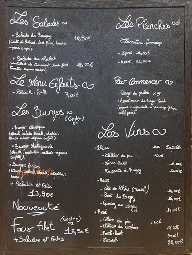 Carte et menu de Chalet de Terre Ronde à Hauteville Lompnes — L' ardoise