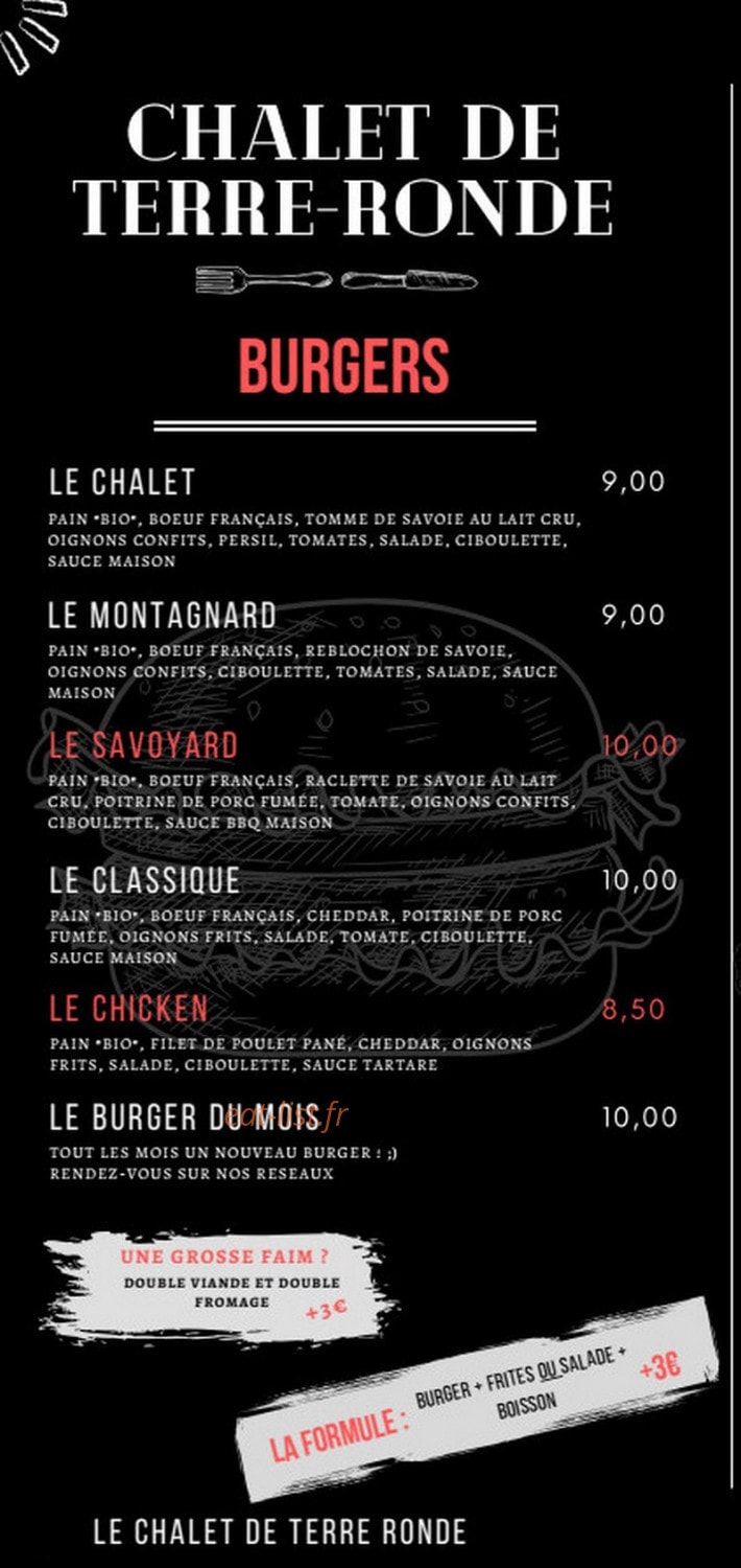 Carte et menu de Chalet de Terre Ronde à Plateau d'Hauteville — Les burgers