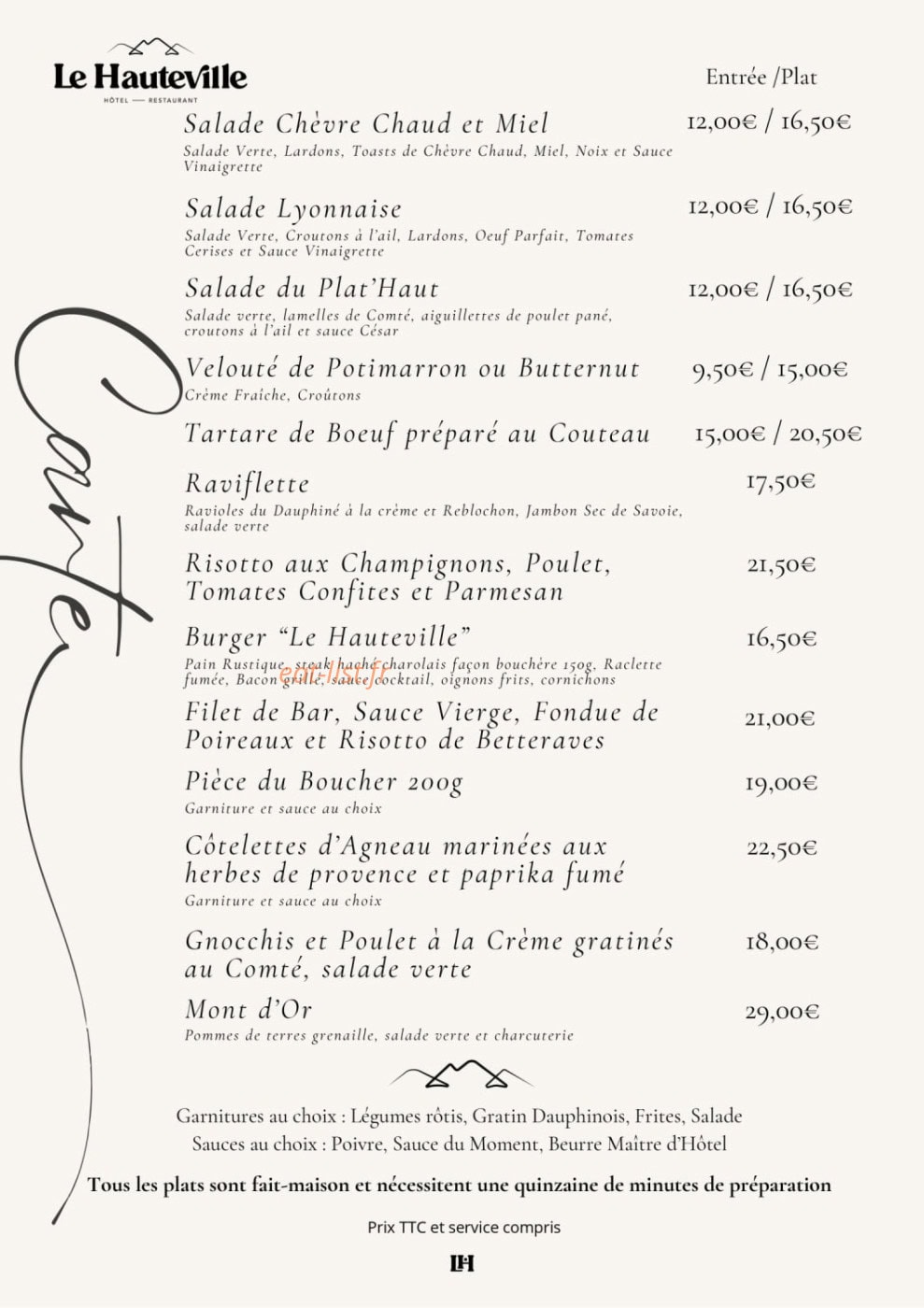 Carte et menu de Le Hauteville à Plateau d'Hauteville — La carte