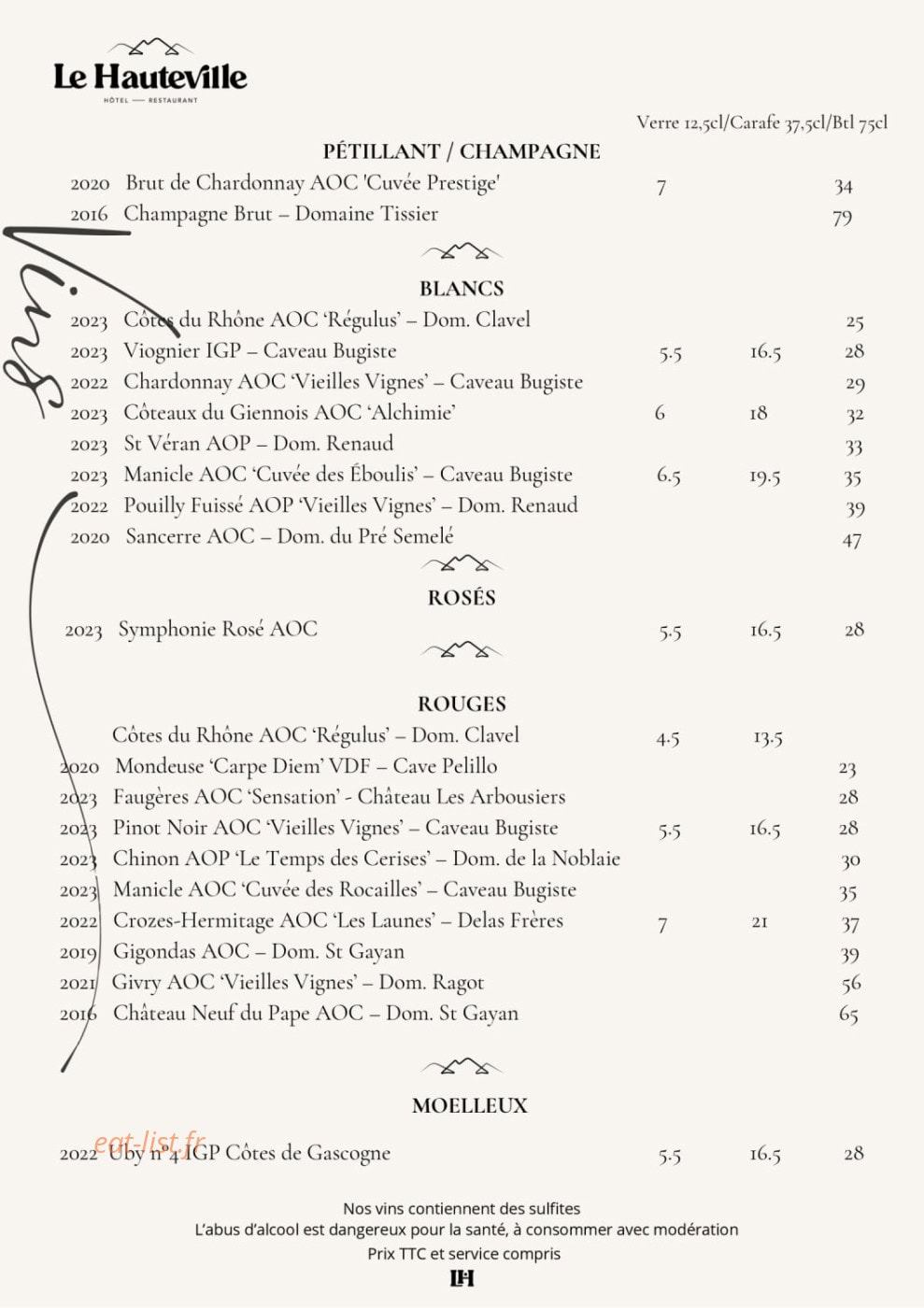 Carte et menu de Le Hauteville à Plateau d'Hauteville — Les vins