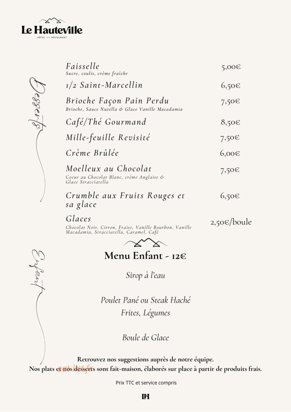 Carte et menu de Le Hauteville à Plateau d'Hauteville — Les desserts et menu enfant