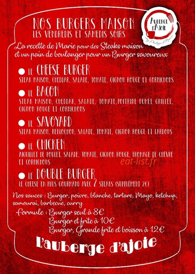 Carte et menu de L'Auberge D'Ajoie à Saint Didier sur Chalaronne — Les burgers