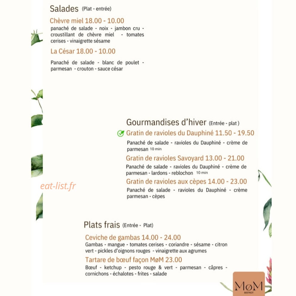MoM bistrot — carte page 1