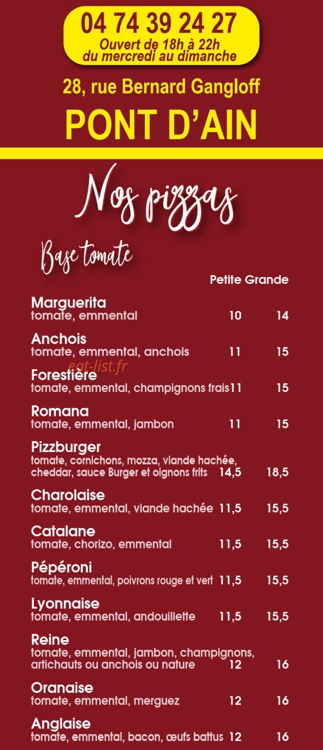 Carte et menu de Pizzburger à Pont d'Ain — 1
