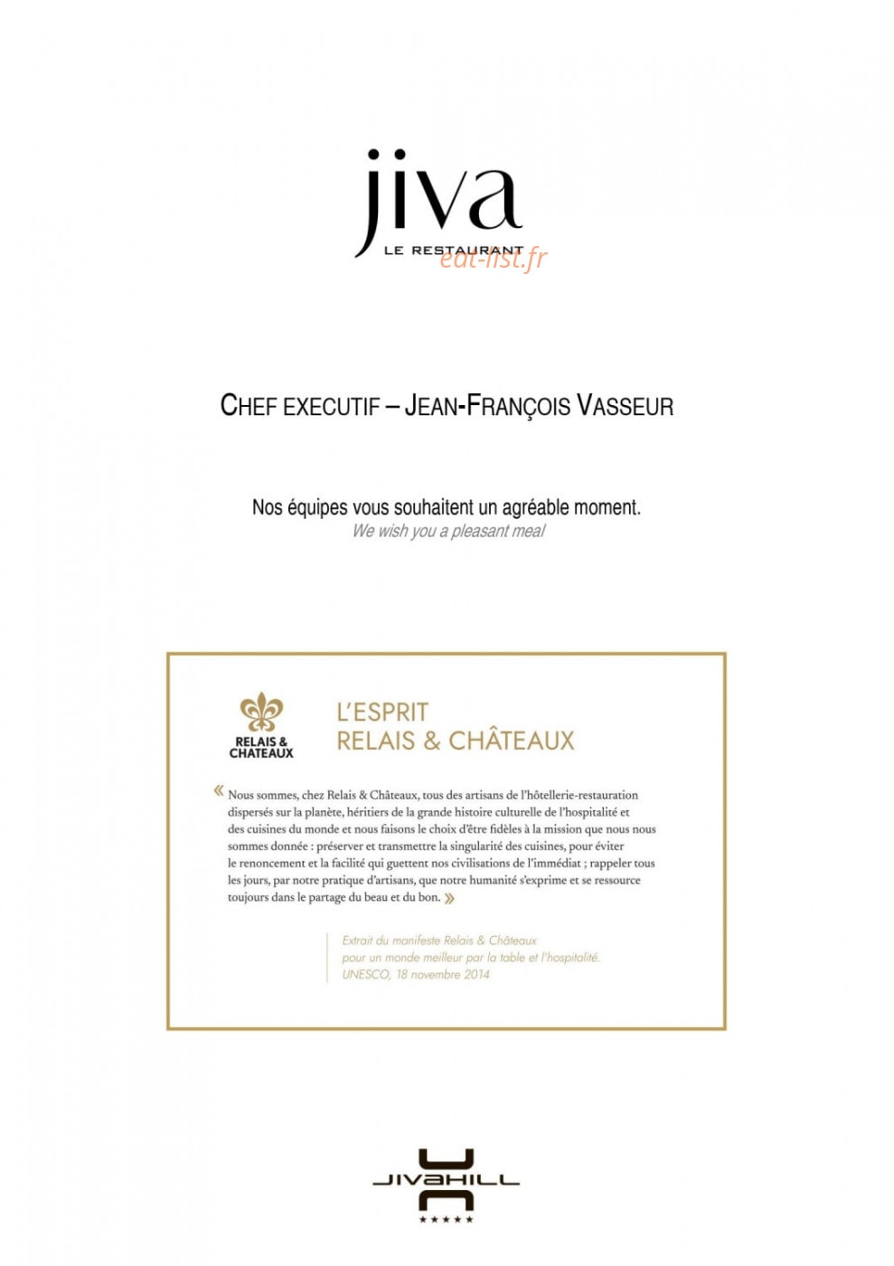 Jiva restaurant — carte page 1