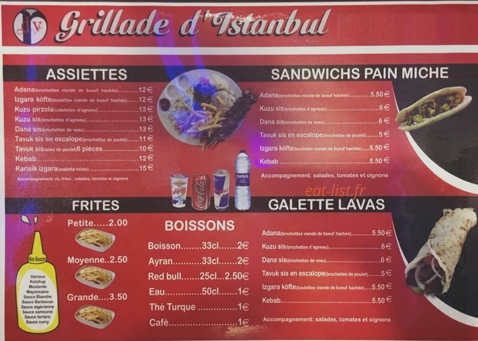 Carte et menu de Grillade d' Istanbul à Bellegarde sur Valserine — Assiettes, sandwiches, frites,...