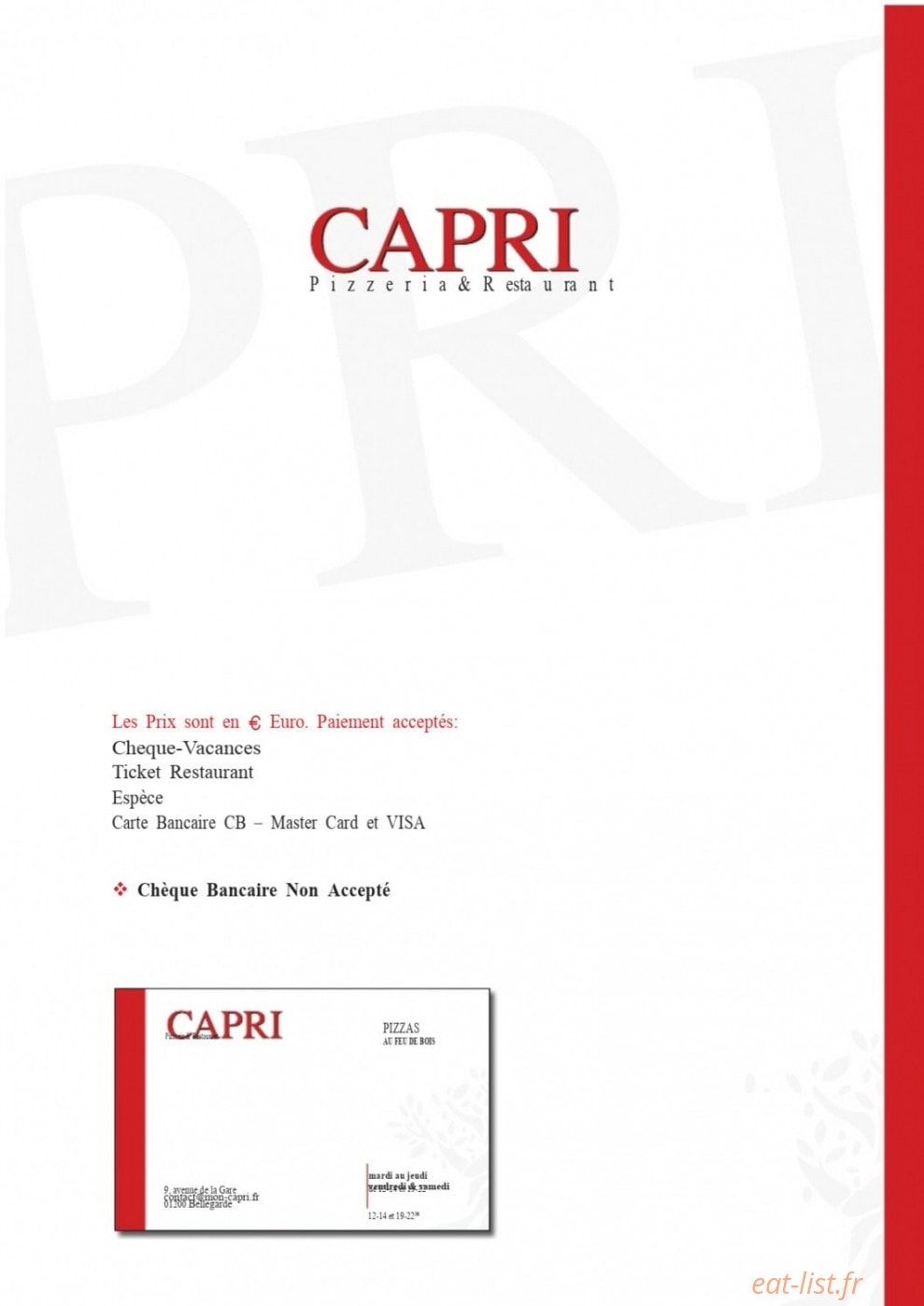Restaurant le Capri — carte page 1