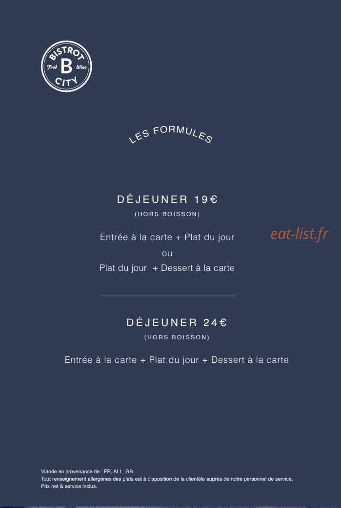 Bistrot City — carte page 1