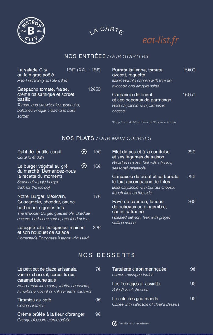 Bistrot City — carte page 2