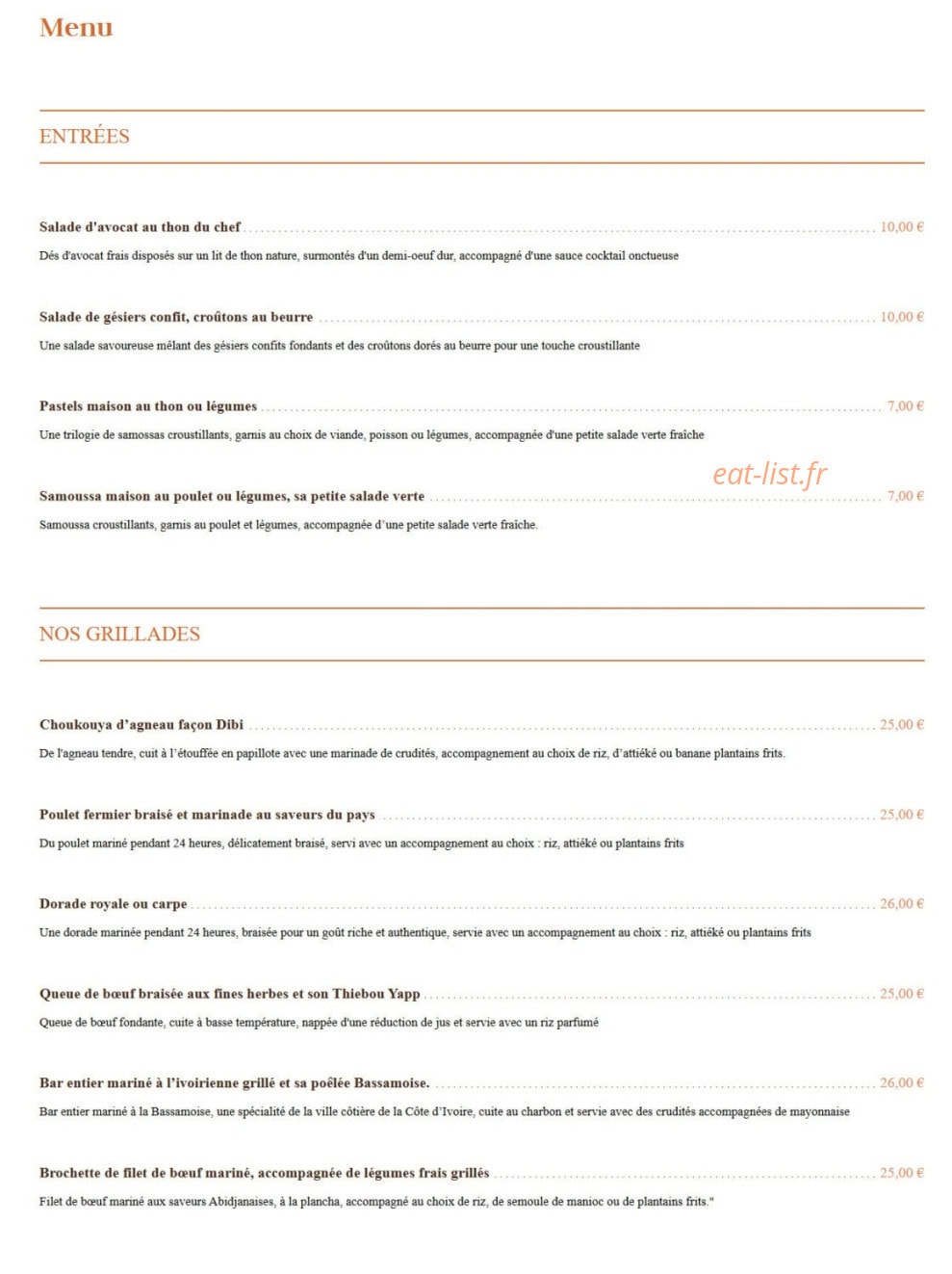 Les Saveurs Abidjanaises — carte page 1