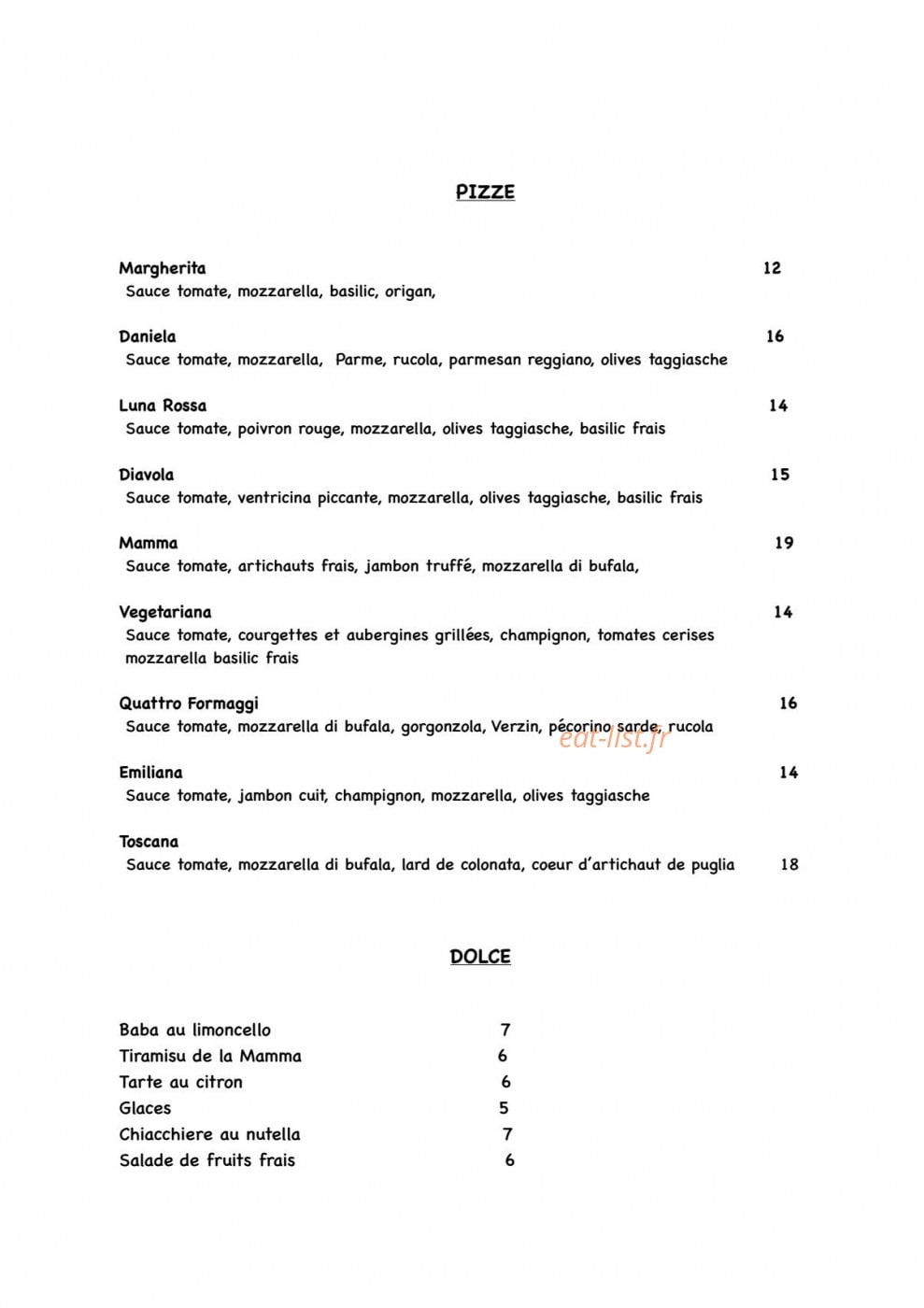 Mamma trattoria — carte page 1