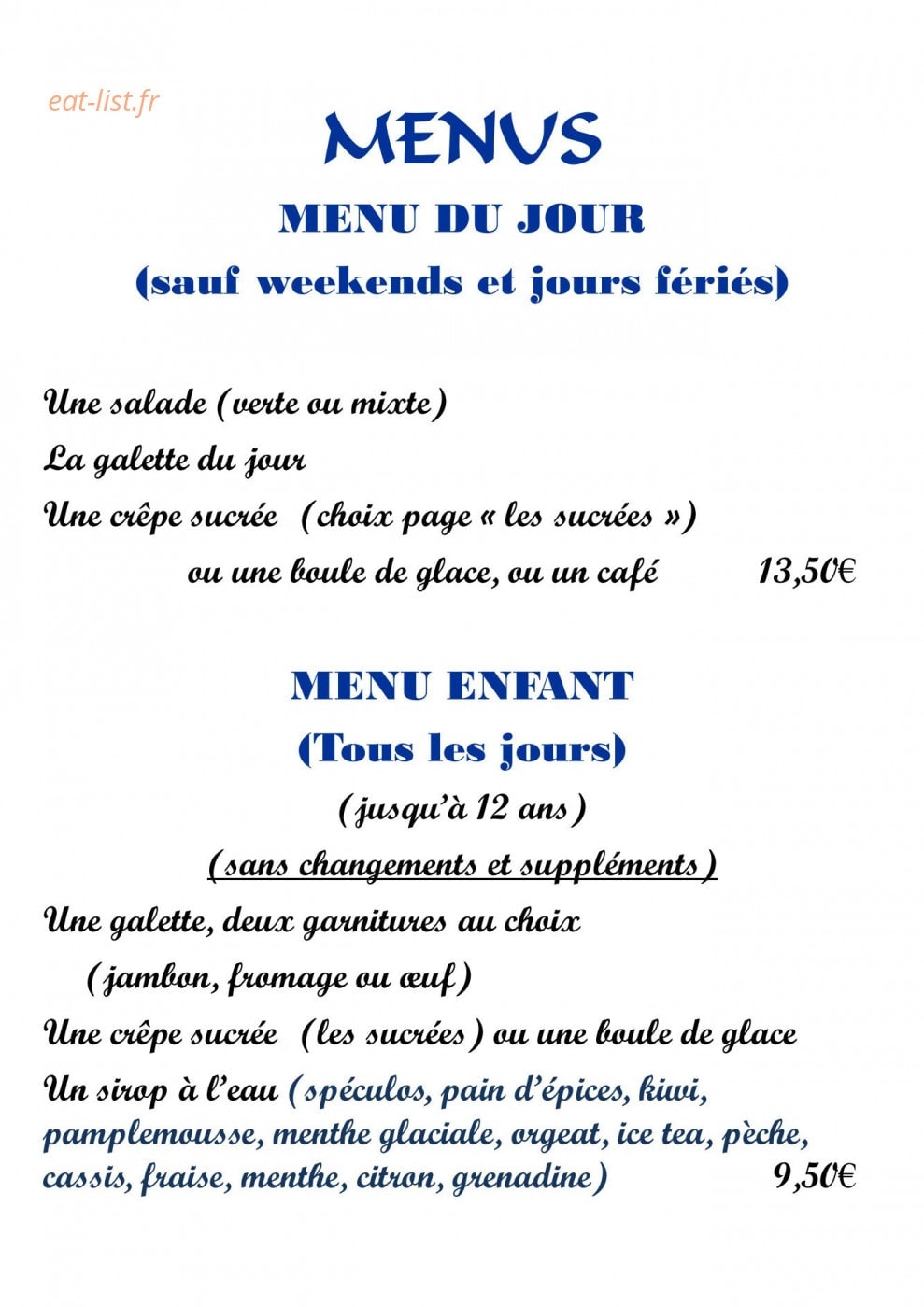 Crêperie des arts — carte page 1