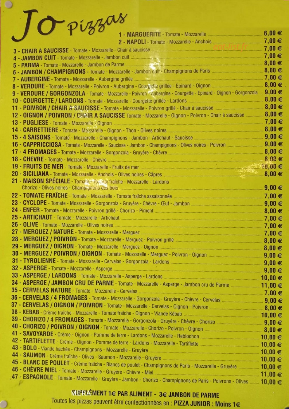 Jo Pizzas — carte page 1