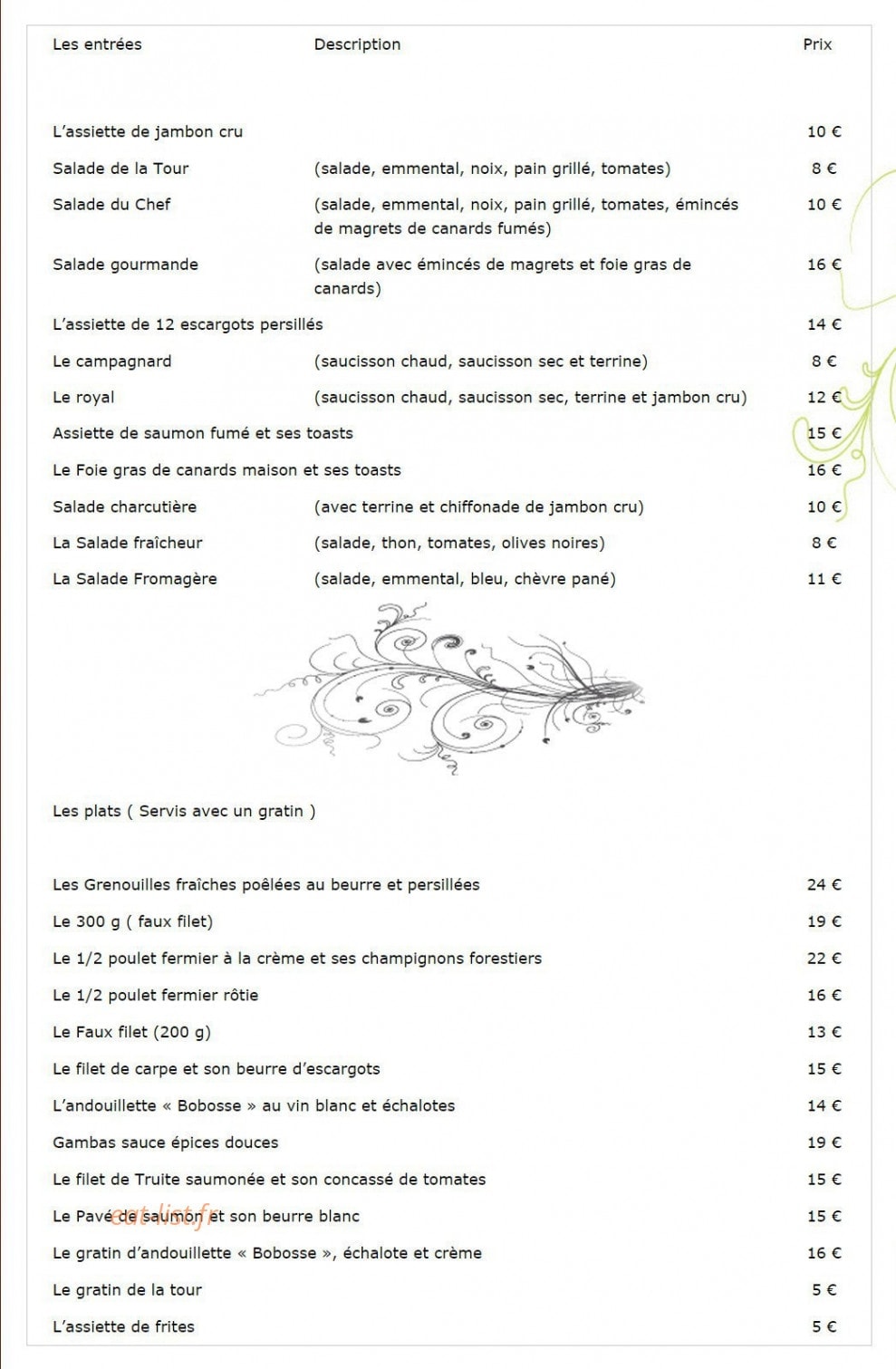 Carte et menu de Auberge de la Tour à Amberieux en Dombes — Les entrées et plats