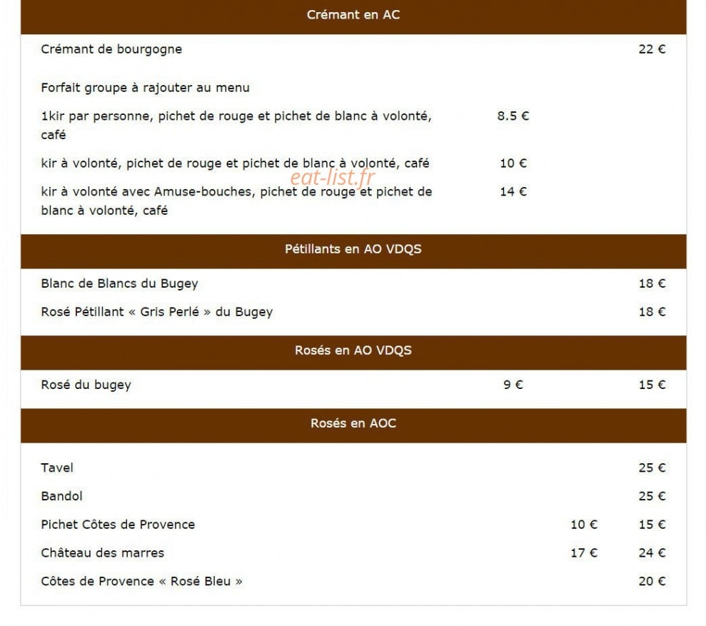 Carte et menu de Auberge de la Tour à Amberieux en Dombes — Les vins crémant en AC, les vins pétillants en AO VDQS...