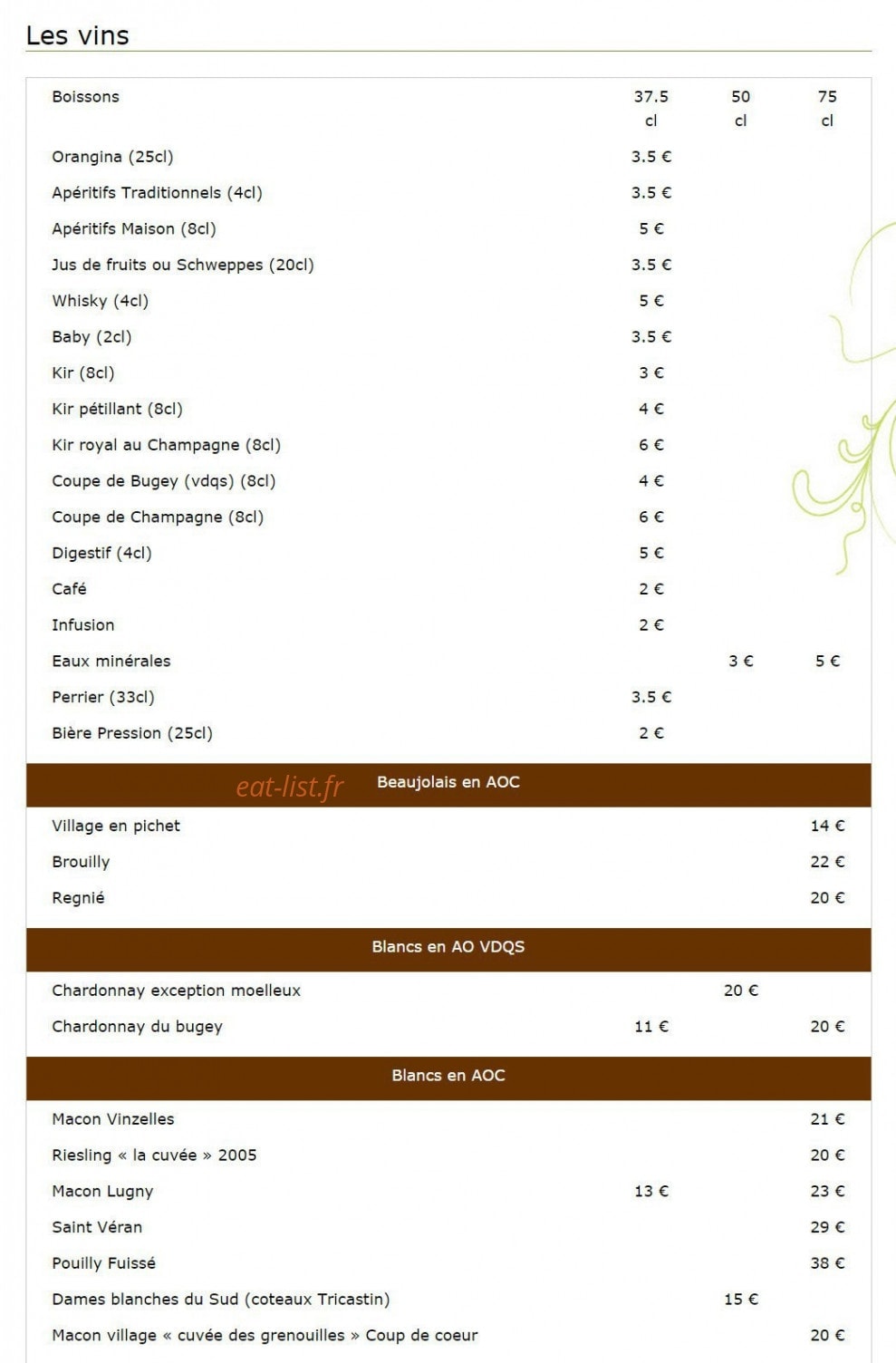 Carte et menu de Auberge de la Tour à Amberieux en Dombes — Les boissons, les beaujolais en AOC...