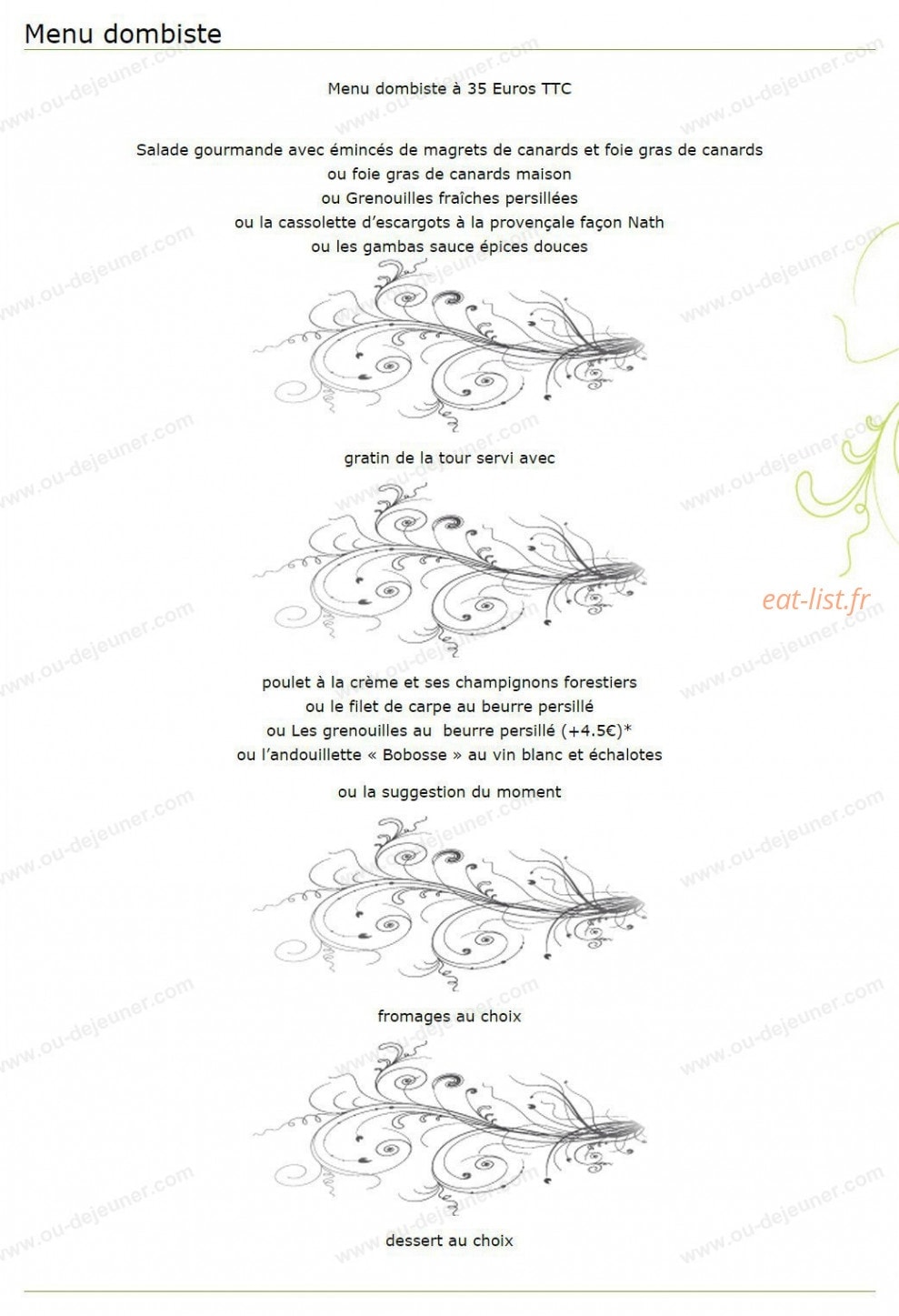 Carte et menu de Auberge de la Tour à Amberieux en Dombes — Le menu dombiste