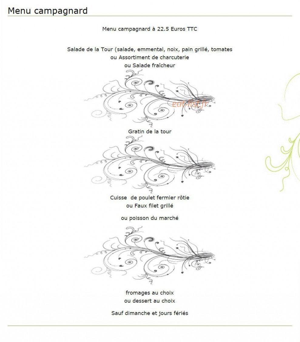 Carte et menu de Auberge de la Tour à Amberieux en Dombes — Le menu campagnard