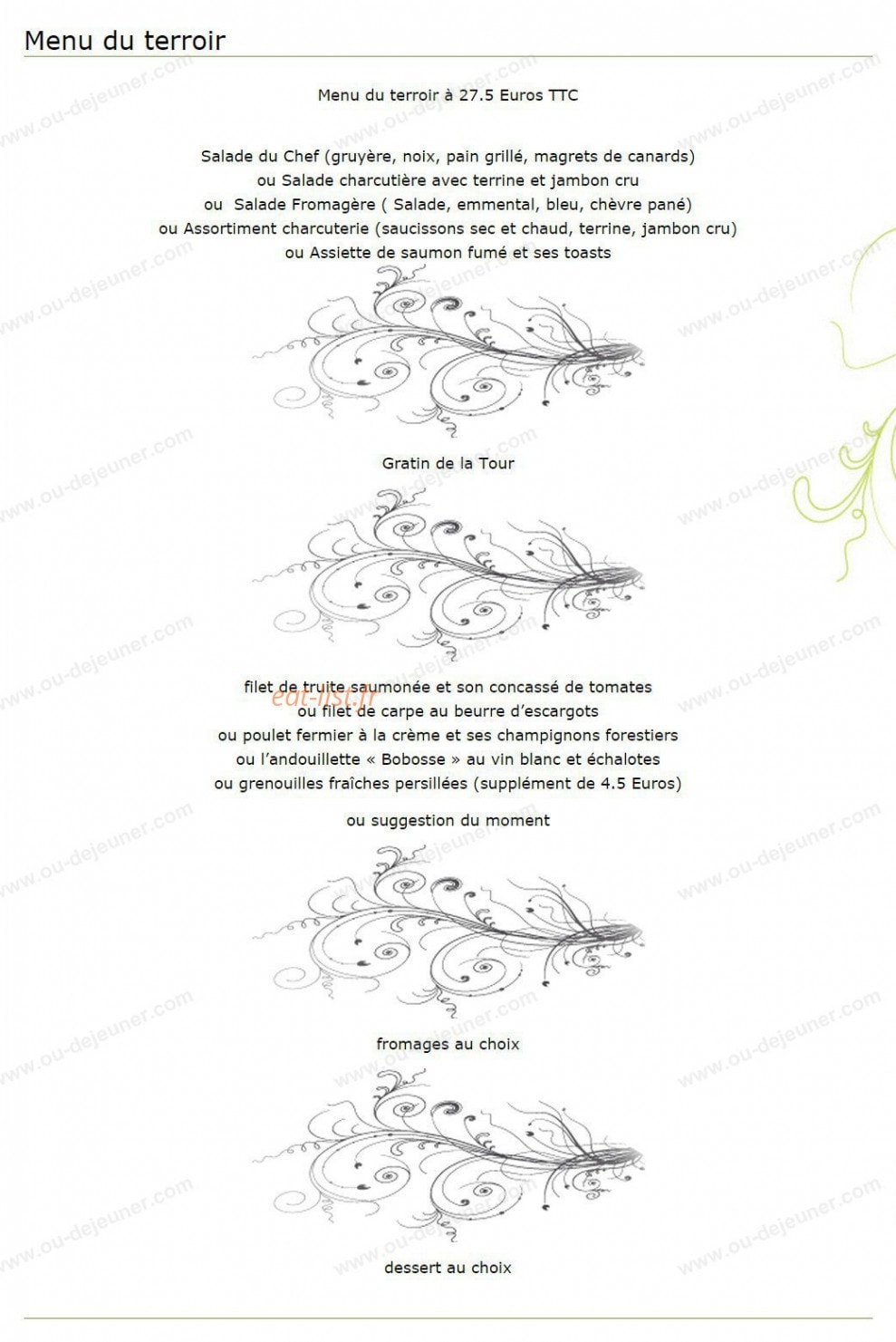 Carte et menu de Auberge de la Tour à Amberieux en Dombes — Le menu du terroir