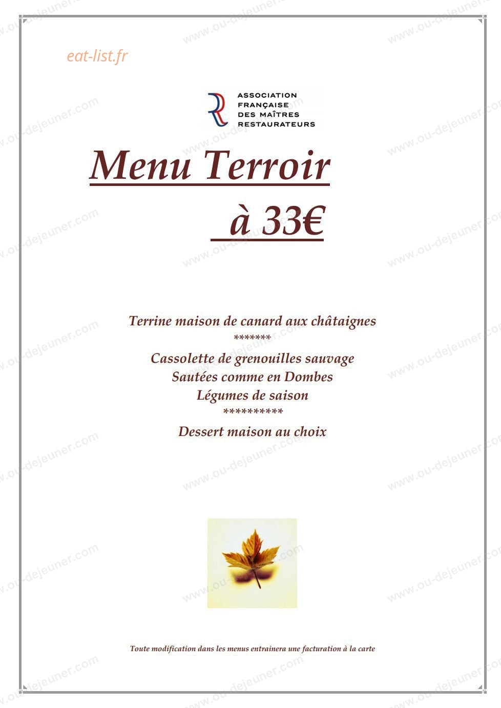 Carte et menu de Auberge des Bichonnieres à Amberieux en Dombes — Le menu terroir