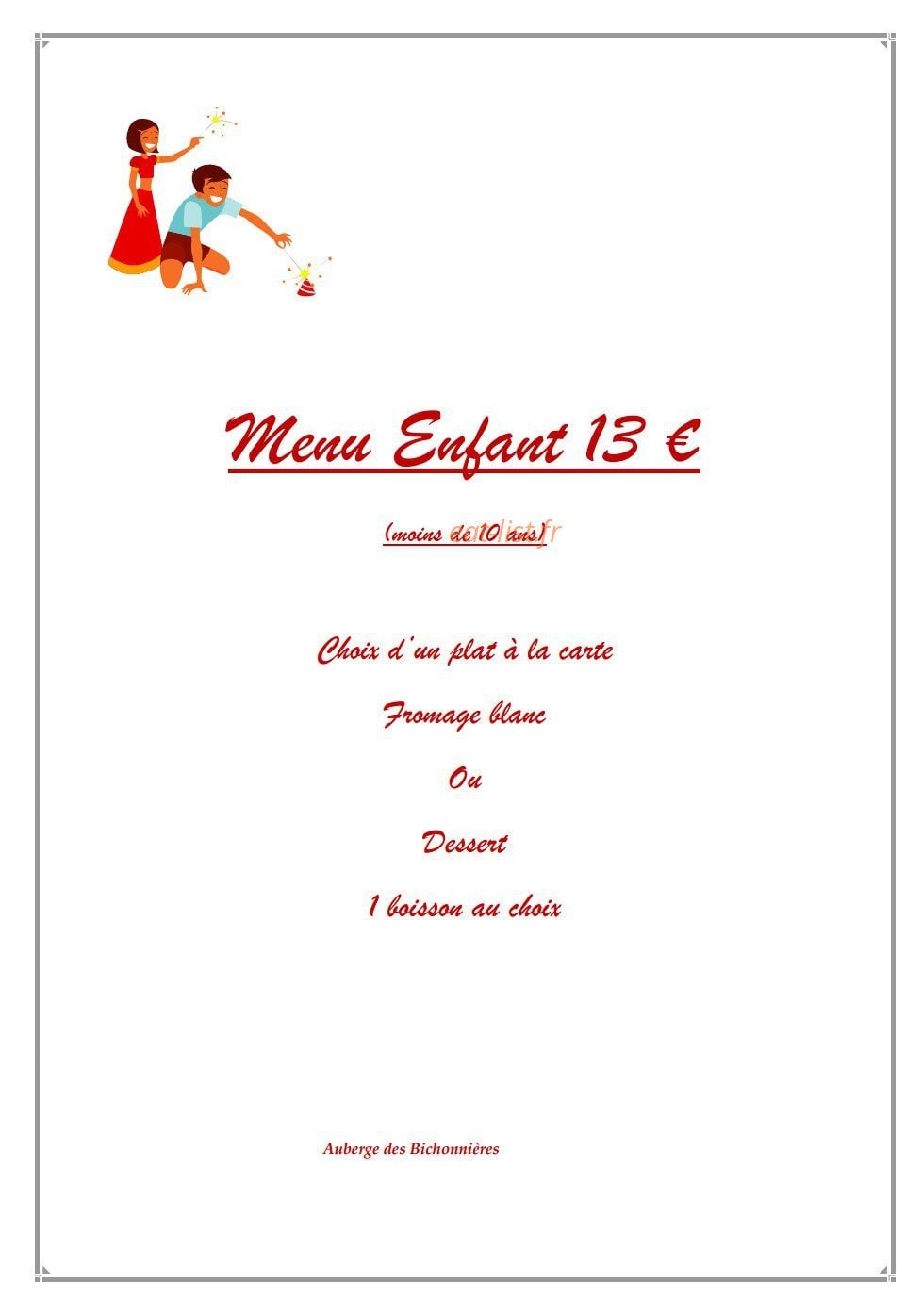 Carte et menu de Auberge des Bichonnieres à Amberieux en Dombes — Le menu enfant