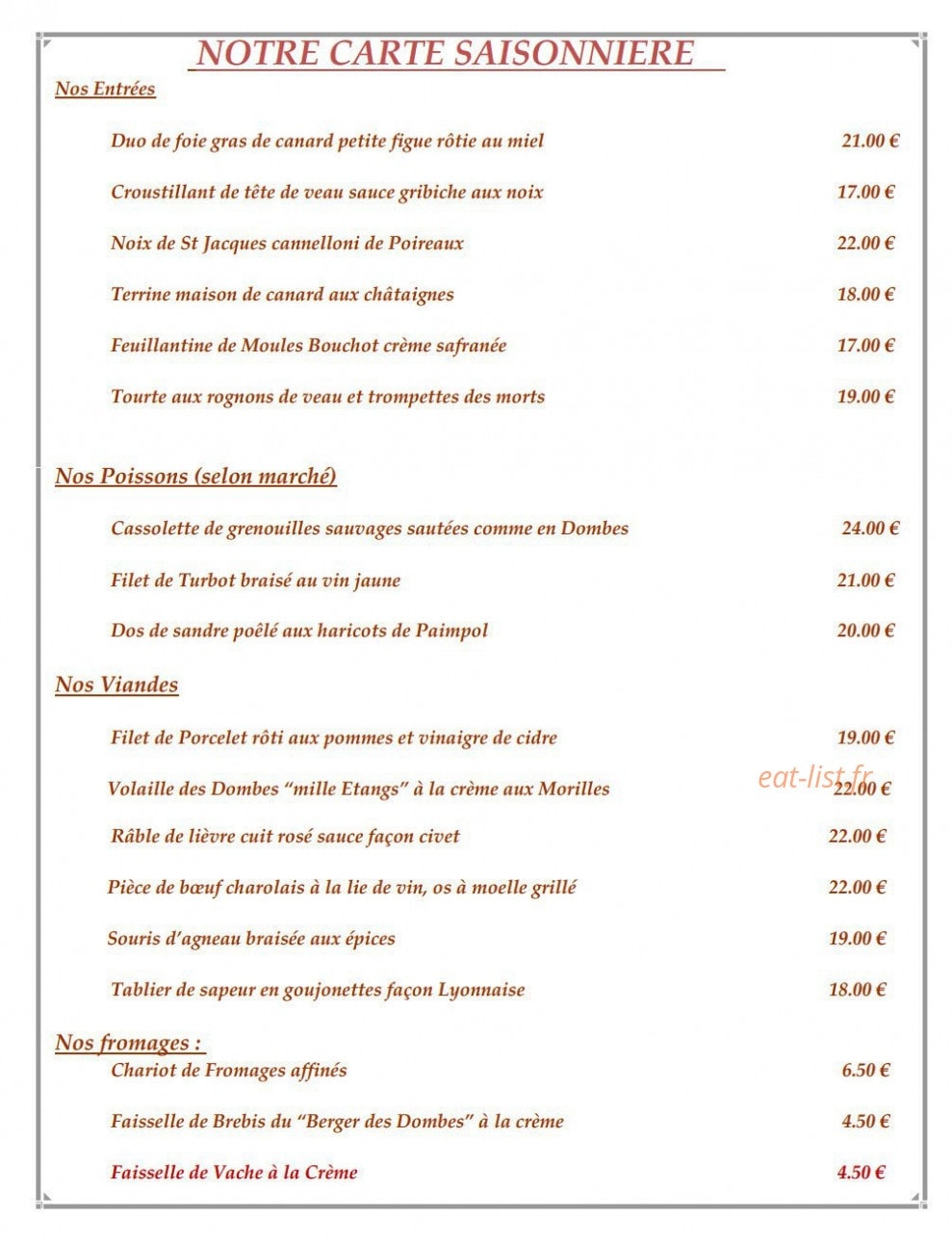 Carte et menu de Auberge des Bichonnieres à Amberieux en Dombes — La carte saisonnière